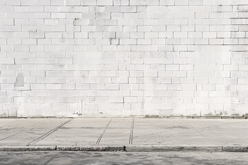 Plain white brick wall with sidewalk in front creating a minimalistic urban scene