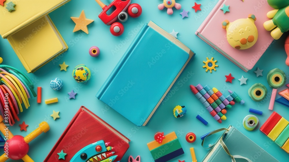 Poster A vibrant spread of colorful childrens books and toys, perfect for creating a stimulating and educational environment in classrooms or bookstores. Generative AI