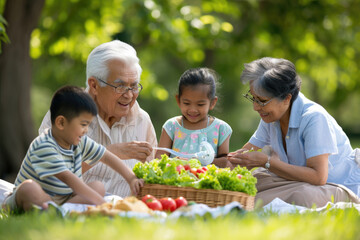 Grandfather enjoying a picnic with grandchildren