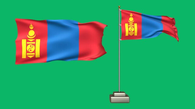 Mongolia flag waving in the wind on a green background. 3d Animation of a flag flying with a pole