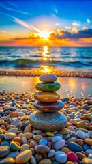 Colorful Rock Tower Against Ocean Sunset Backdrop