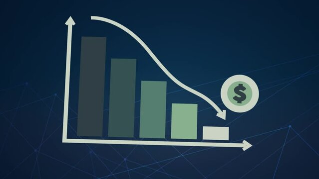 3D motion animation of going downward bar chart falling stock index Graph arrow showing fluctuate trend Tickers Changing Motion Background decline decrease losses business index