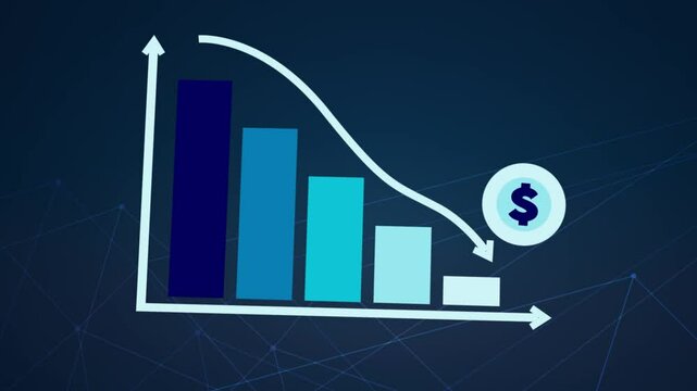 3D motion animation of going downward bar chart falling stock index Graph arrow showing fluctuate trend Tickers Changing Motion Background decline decrease losses index