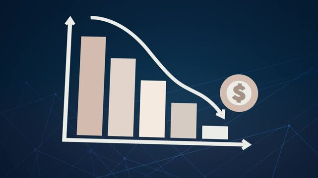 3D motion animation of going downward bar chart falling stock index Graph arrow showing fluctuate trend Tickers Changing Motion Background decline decrease losses business index