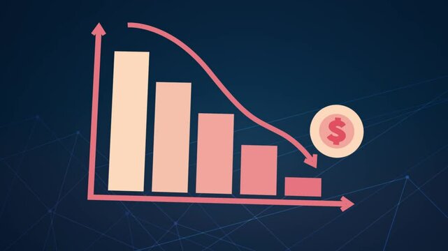 3D motion animation of going downward bar chart falling stock index Graph arrow showing fluctuate trend Tickers Changing Motion Background decline decrease losses business 