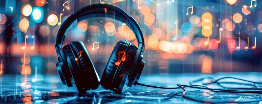 Musical journey, headphones, euphonic fusion, soundscape, immersive audio close up, focus on, copy space Bold and vivid colors Double exposure silhouette with musical symbols