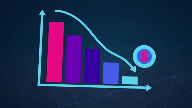 3D motion animation of going downward bar chart falling stock Graph arrow showing fluctuate trend Tickers Changing Motion Background decline decrease losses business index