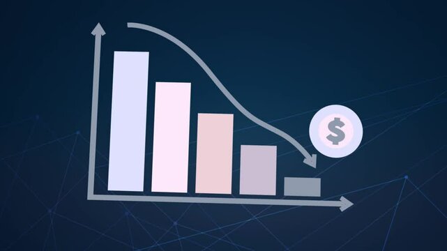 3D motion animation of going downward bar chart falling stock index Graph arrow showing fluctuate trend Tickers Changing Motion Background decline decrease losses business index