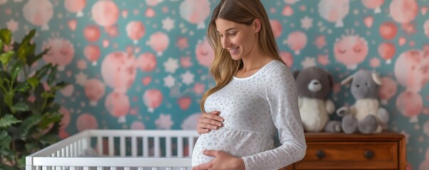 An expectant mother gently touches her belly in a well-decorated nursery with a cozy ambiance and soft lighting