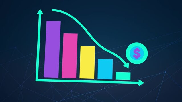 3D motion animation of going downward bar chart falling stock index Graph arrow showing fluctuate trend Tickers Changing Motion Background decline decrease losses business 