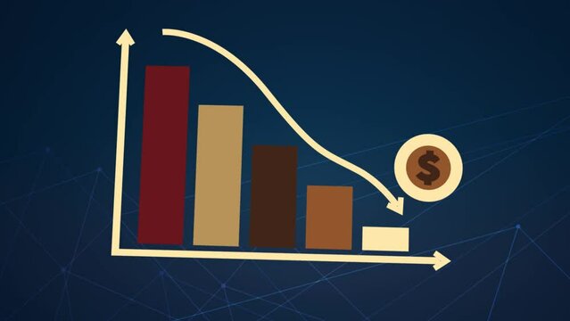 3D motion animation of going downward bar chart falling stock index Graph arrow showing fluctuate trend Tickers Changing Motion Background decline decrease losses business index