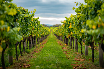 Naklejka premium A scenic vineyard with a winding path through rows of grapevine, capturing the essence of harvest tranquility 