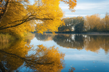 Obraz premium A serene lake reflecting golden autumn trees, encapsulating the tranquil beauty of harvest season 