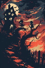 Halloween Night with Ghoulish Figures Illustration