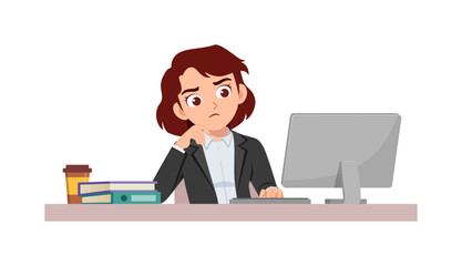 woman employee sit in desk working on office and serious look to computer
