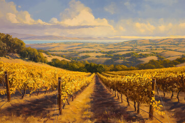 Naklejka premium A sun-dappled vineyard with golden grapevine and a distant horizon, reflecting the harvests richness 