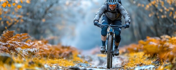 Shot from behind of a cyclist riding through a narrow trail in an autumn forest setting
