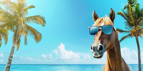 A horse with glasses on the background of the beach with the sea with copyspace. Summer beach holiday concept