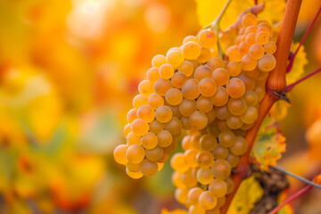 A vibrant vineyard with golden hues of autumn, showcasing abundant grape cluster ready for harvest 