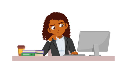woman employee sit in desk working on office and serious look to computer