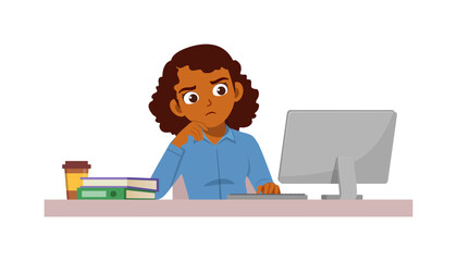 woman employee sit in desk working on office and serious look to computer