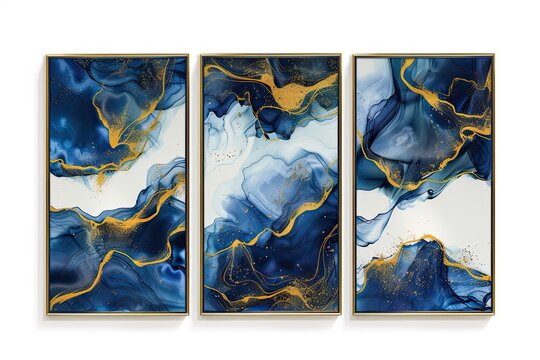 Set of three fluid dark art in gold 8x12" frames with blue and gold accents