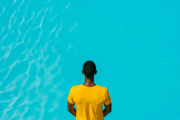 Lifeguard in a yellow shirt standing by a vibrant blue waterpool, ever vigilant for safety 