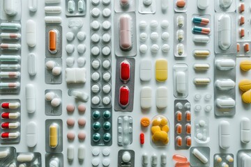 A high-angle view of various medication bottles and pills organized in rows, showcasing different types of pharmaceuticals in containers.