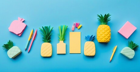 Pineapple shaped paper note holders and colorful stationery on blue background