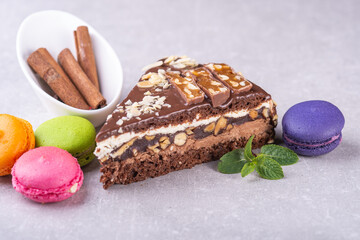 Slice of cake on a gray background for a restaurant