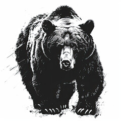 A black and white drawing of a bear on a white background
