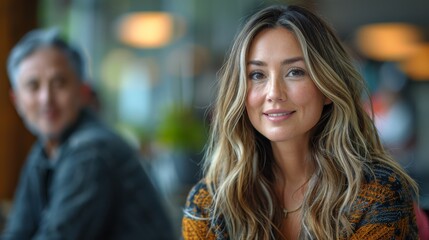 Obraz premium A young woman with long hair, smiling gently in a cozy café, with soft lighting and a blurred background that suggests a social and relaxed atmosphere.