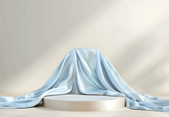 Elegant blue satin fabric on display pedestal. Podium for luxury product showcase.