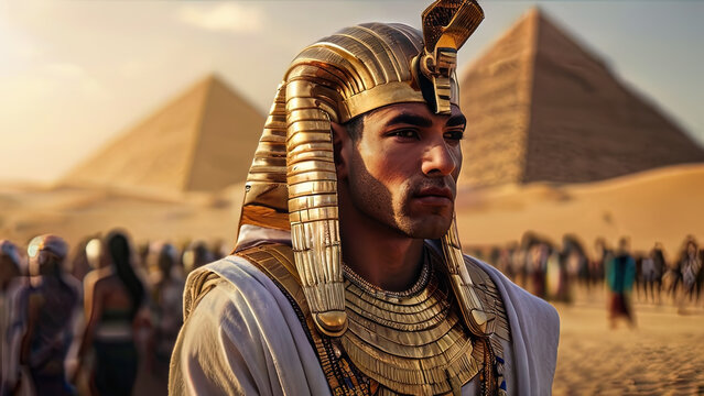 Egyptian pharaoh in summer sunset with pyramids in background, generative AI