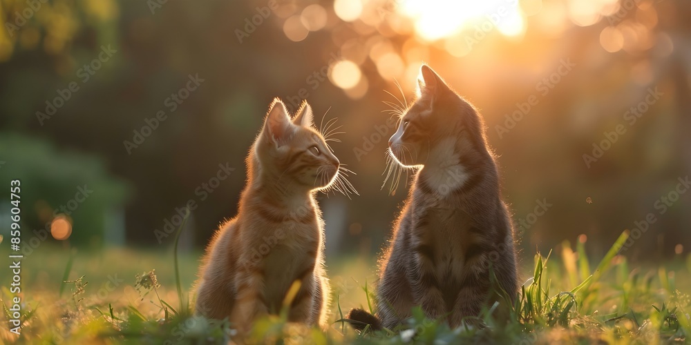 Wall mural two cats sitting in a lush green field at sunset. concept pets, nature, animals, sunset, field - Wall murals