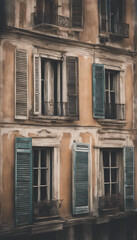 Obraz premium Old windows with shutters and french balcony