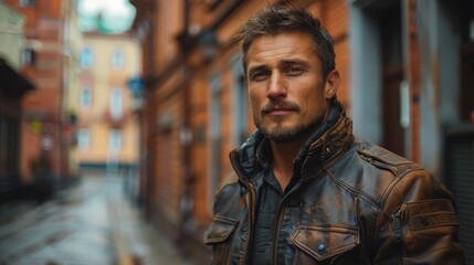 Fototapeta premium A man with a serious expression, dressed in a stylish brown leather jacket, poses confidently in an urban street setting, depicting a sense of modernity and elegance.