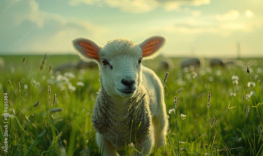 Wall mural White lamb on a beautiful green field. The concept of sacrifice