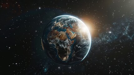 Obraz premium View of Earth from space, showing the planet partially illuminated by sunlight with the night side visible. The continents of Africa, Europe, and parts of Asia and the Middle East are discernible