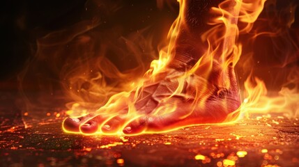 Fototapeta premium Human foot engulfed in flames, with the fire appearing to emerge from the ground and enveloping the foot entirely