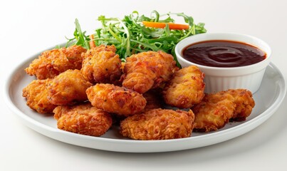 Chicken nuggets with two dressings on a plate, isolated on a white background