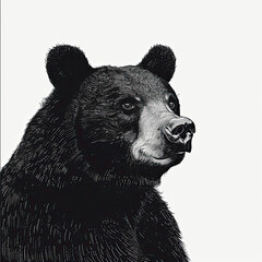 A black and white drawing of a bear on a white background