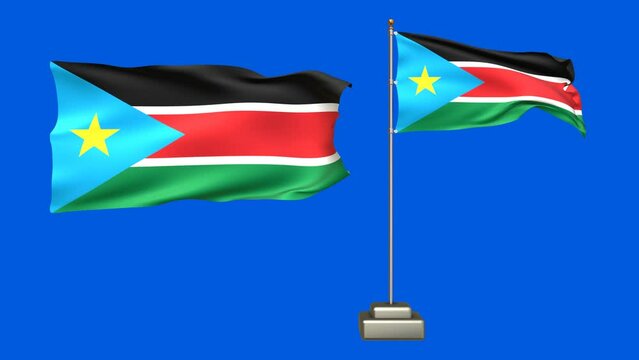 South Sudan flag waving in the wind on a blue background. 3d Animation of a flag flying with a pole
