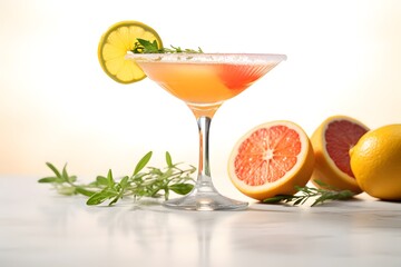 Fototapeta premium Refreshing lemon cocktail with rosemary garnish served in a martini glass.