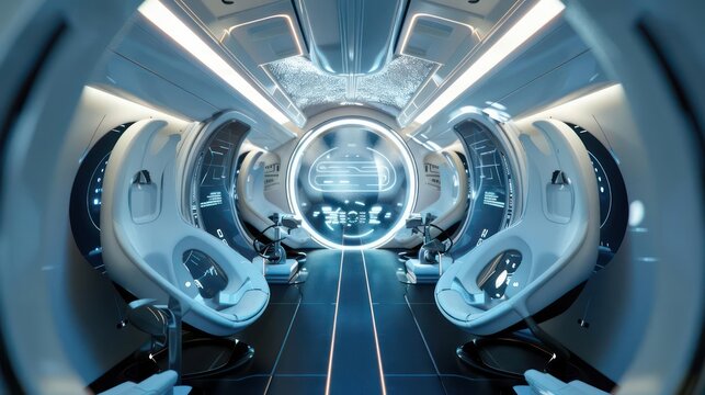 Advanced hyperloop pod interior featuring holographic displays and biometric access