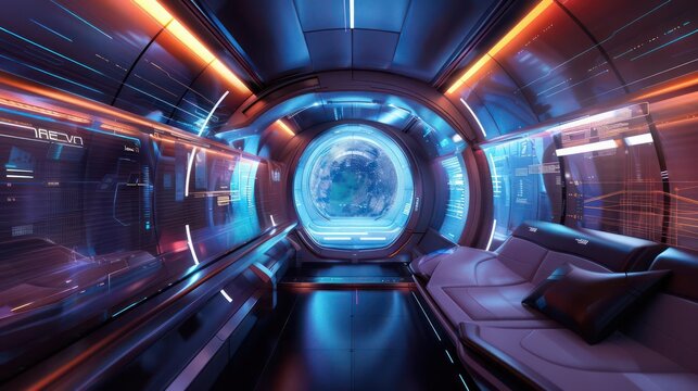Advanced hyperloop pod interior featuring holographic displays and biometric access