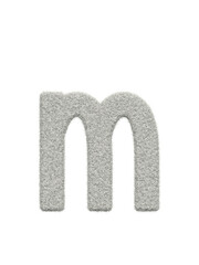 Small letter m made of white wool with many fine hairs, transparent background, 3d rendering