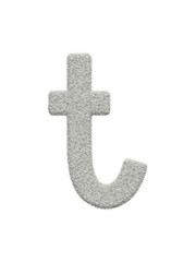 Small letter t made of white wool with many fine hairs, transparent background, 3d rendering