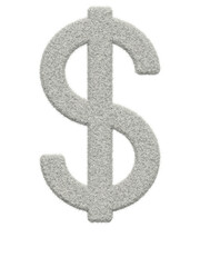 Dollar sign made of white wool with many fine hairs, transparent background, 3d rendering