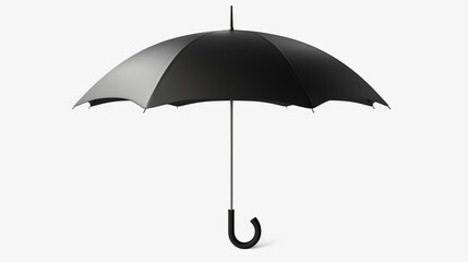 Black umbrella on white background. Simple and elegant. Object is designed for practical use to shield from rain. Image is isolated. Suitable for design projects, brochures and weather websites. AI